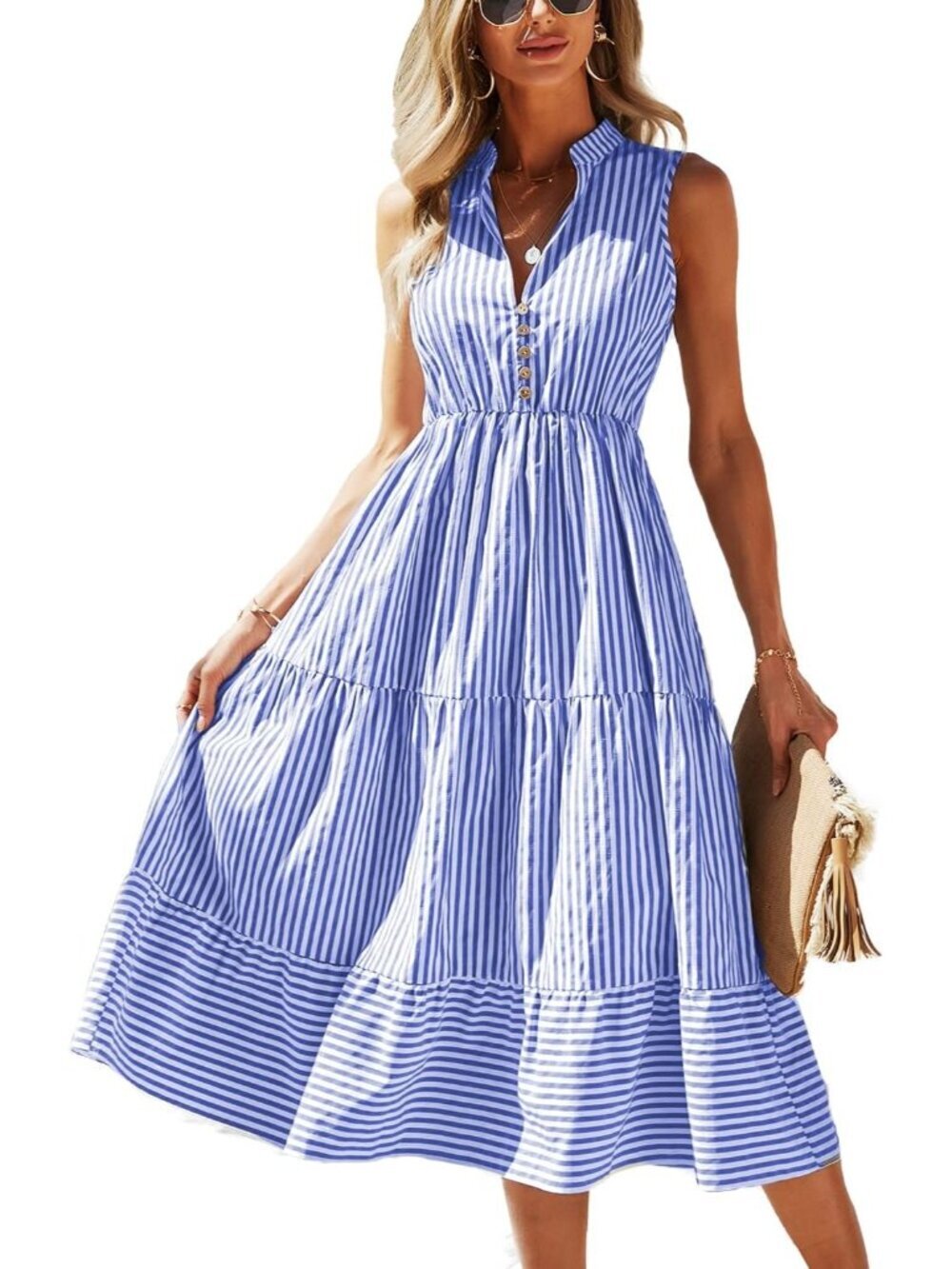 Women's Blue Summer Sleeveless Shirt Dress Collar Striped V Neck Casual Midi